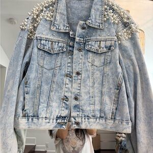 Pearl-Embellished Light Wash Denim Jacket